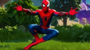 Various Spider-Man costumes available in Fortnite displayed on character models