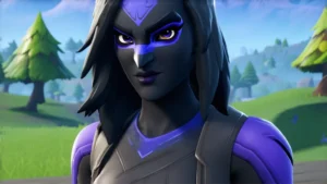 Raven female skin in Fortnite showcasing her dark attire and ethereal wings in a vibrant game environment