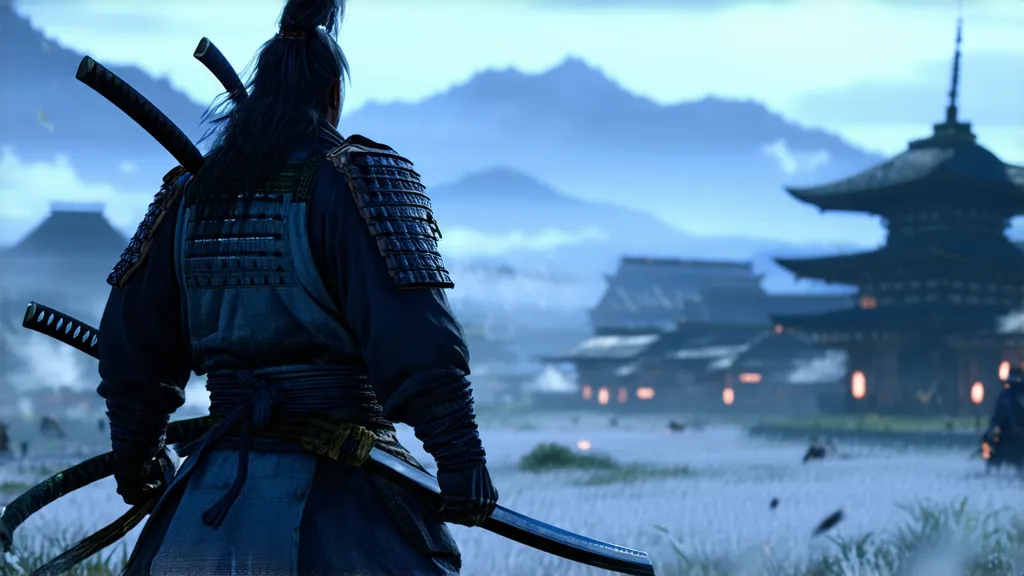 Cover art of Ghost of Tsushima featuring samurai Jin Sakai in a lush, feudal Japan landscape