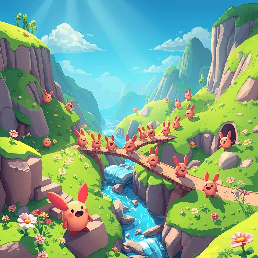 A puzzle scene featuring lemmings navigating obstacles in Lemmings Online.