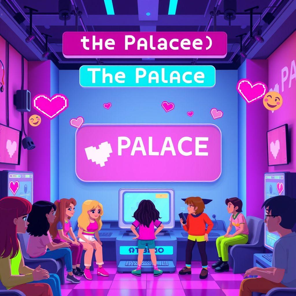 A colorful virtual chatroom with avatars and interactive designs in The Palace Chat.