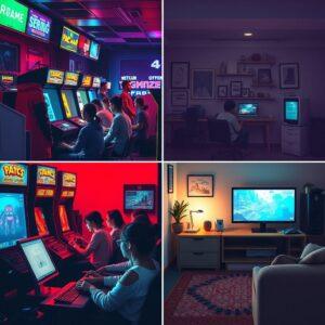 Timeline of casual gaming evolution, from retro arcade machines to modern browser and mobile games, showcasing key milestones in gaming history.